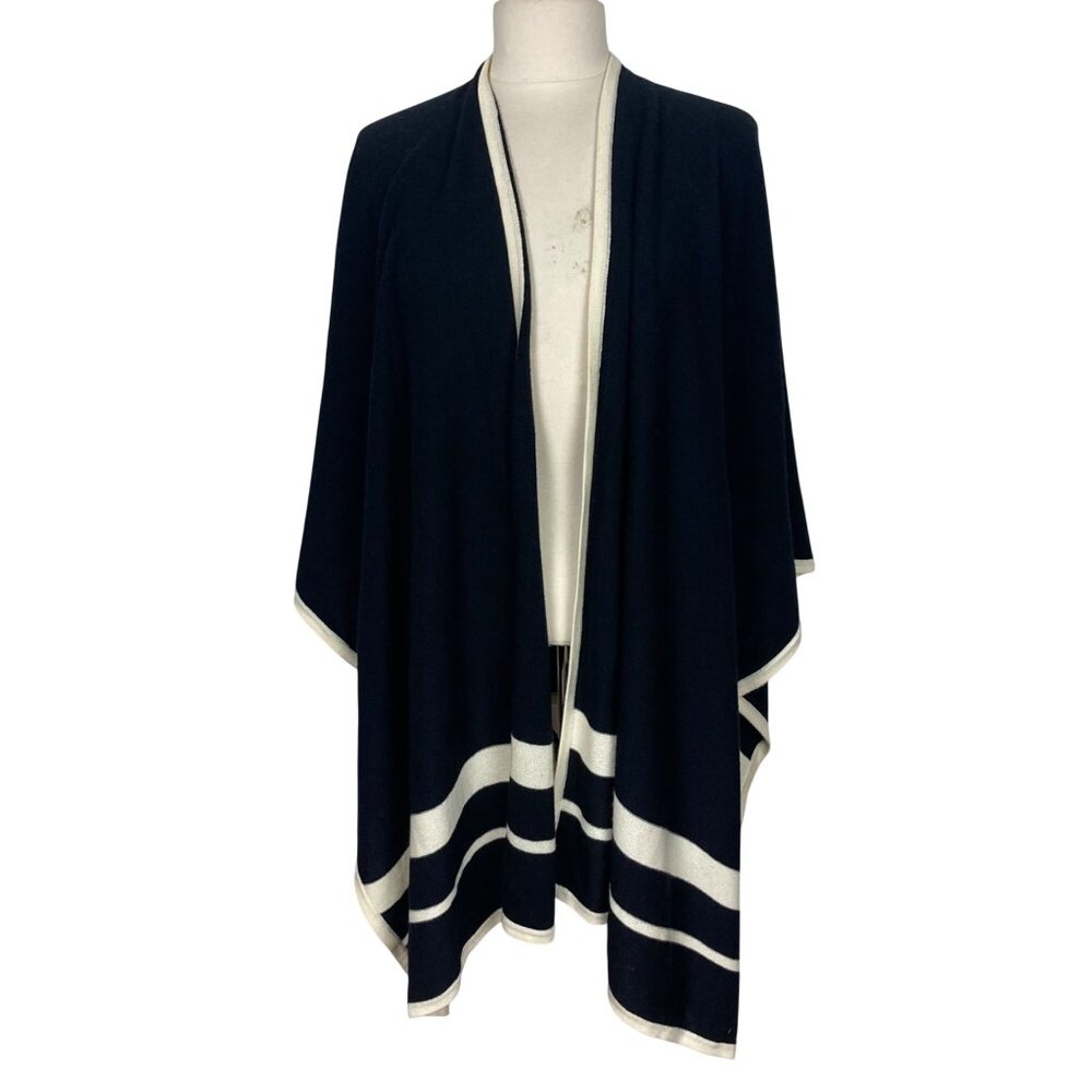 Lauren Ralph Lauren Wool Blend Wrap Shawl Poncho Black White Striped Petite XS S